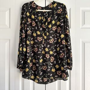 Tahari Floral Blouse Women’s 2X Black Yellow Long Sleeve V-Neck Lightweight Top
